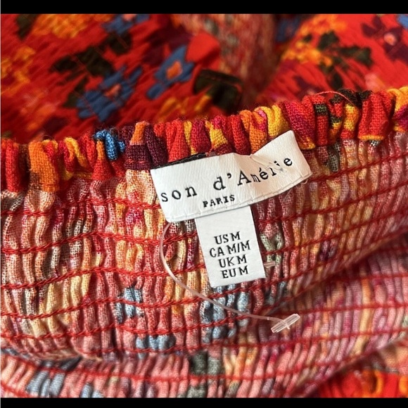 MAISON D'AMELIE Paris Boho Chic Linen Smocked Crop Top Orange Floral Medium - Picture 2 of 5